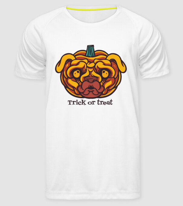 Mops cap de dovleac Halloween model alb pe tricou