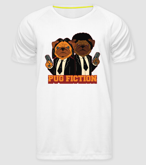 Pug Fiction Pugs Mops Pulp Fiction parodie model alb pe tricou