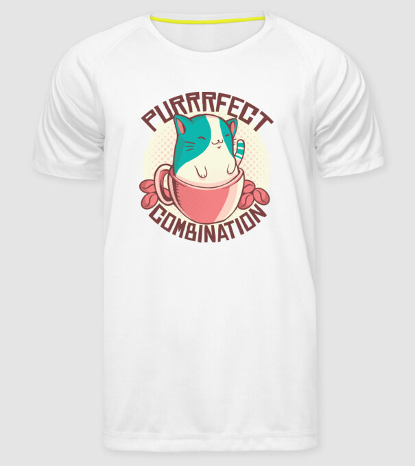 Purrrfect Combination Cafea cu pisică model alb pe tricou