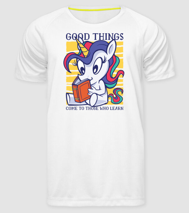Student unicorn model alb pe tricou