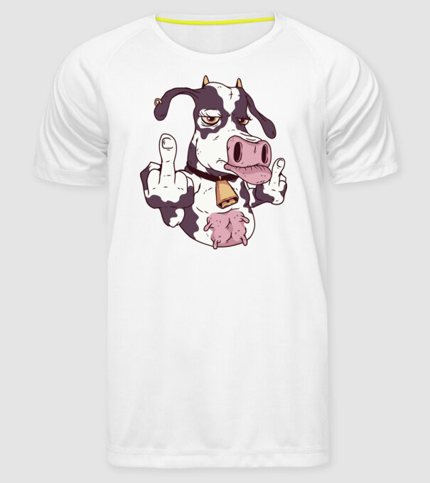 Vaca arată degetul model alb pe tricou