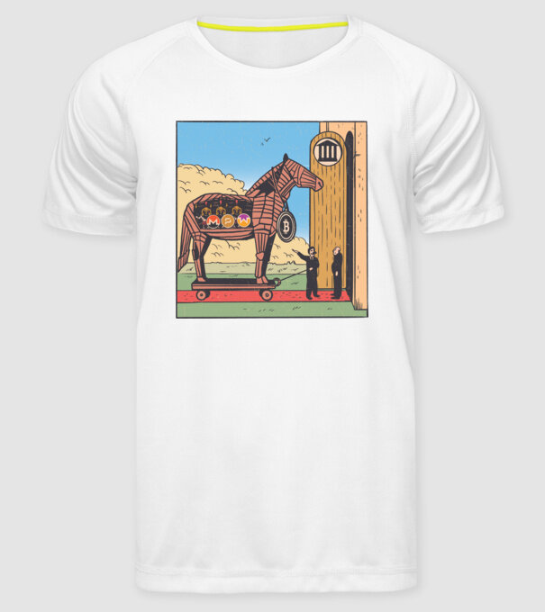 Cal troian Bitcoin model alb pe tricou