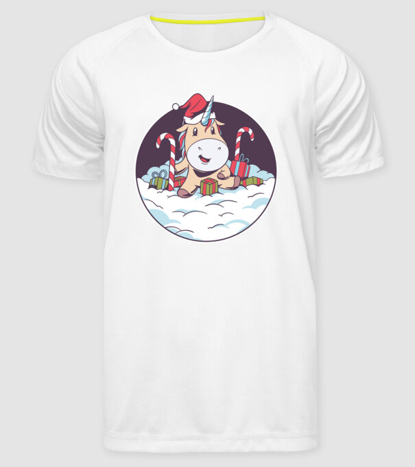 Unicorn Moș Crăciun cu cadouri model alb pe tricou