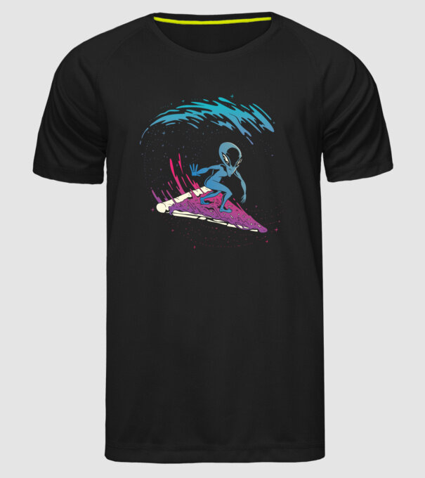 Alien Pizza Surf tricou amuzant model negru pe tricou