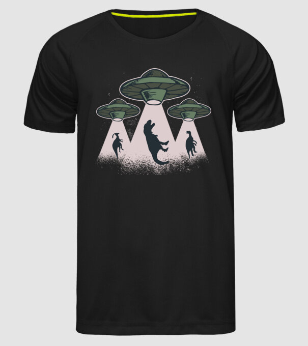 Alien OZN dinozaur model negru pe tricou