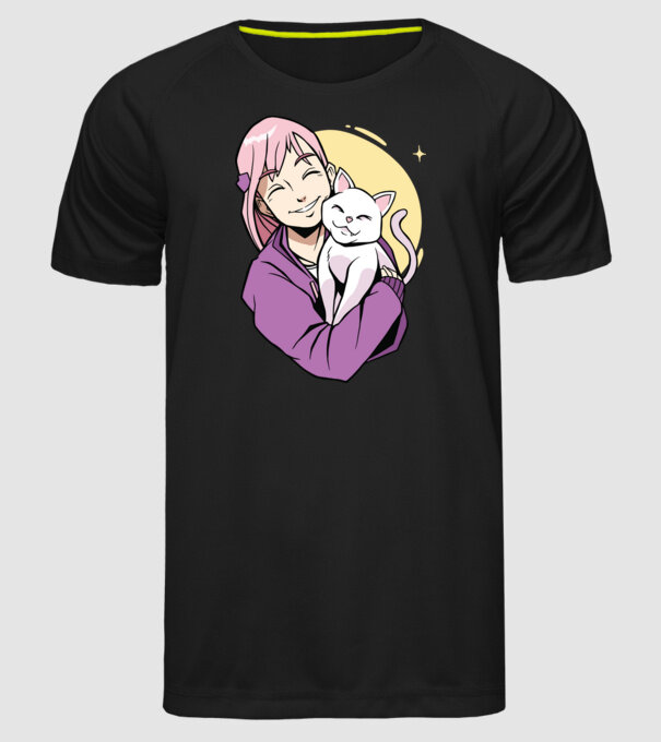 Anime fată cu pisică model negru pe tricou