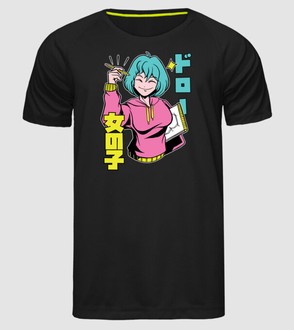 Anime fată desenând model negru pe tricou