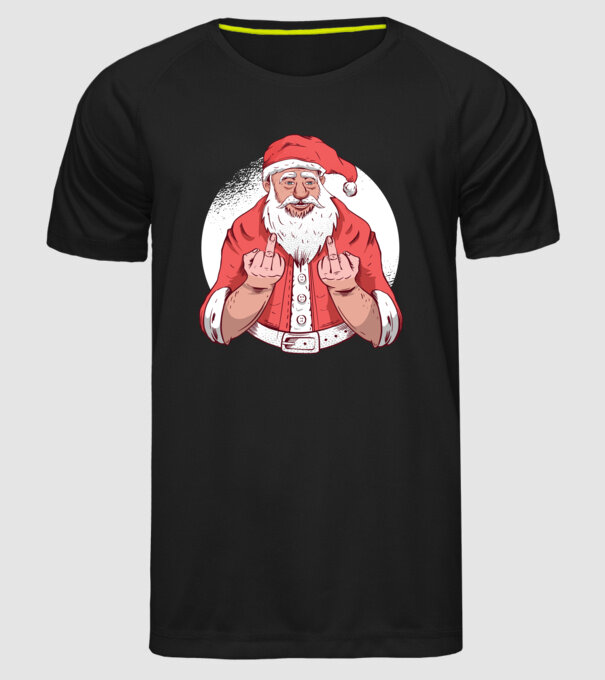 Moș Crăciun antisocial arată degetul model negru pe tricou