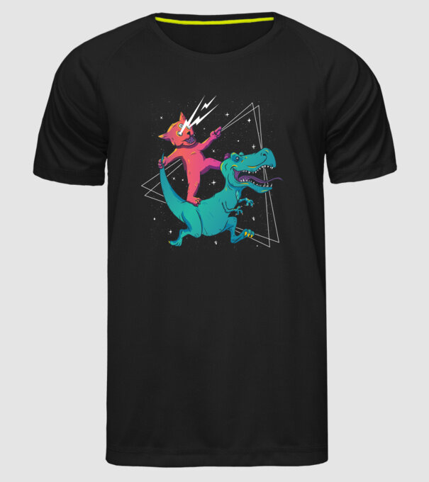 Pisică drogată pe dinozaur model negru pe tricou