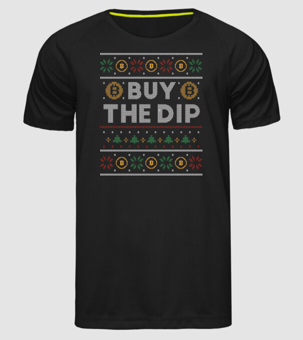 Buy the Dip Bitcoin Ugly Sweater model negru pe tricou
