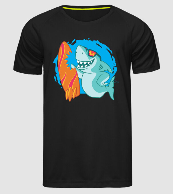 Mușcătură rechin Surf model negru pe tricou
