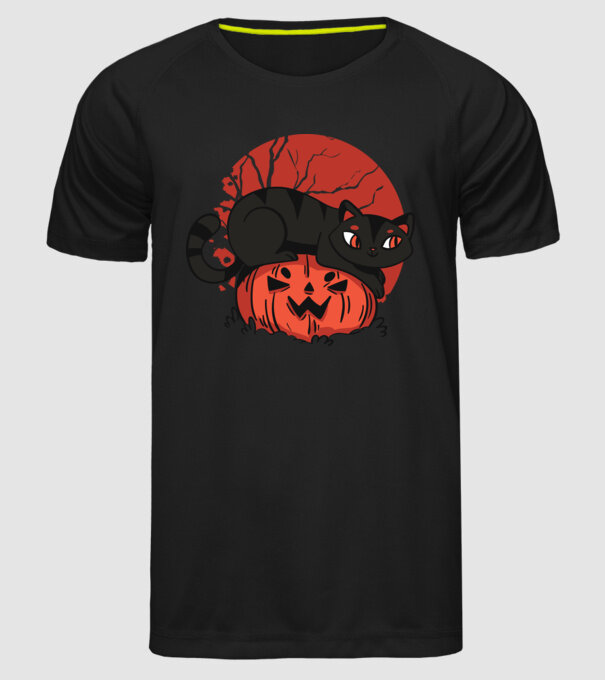 Pisică pe dovleac Halloween model negru pe tricou