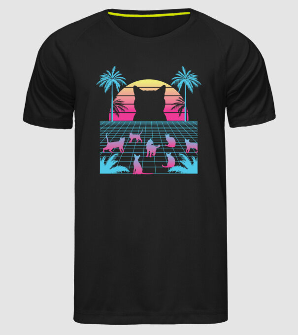Pisică Vaporwave neon model negru pe tricou