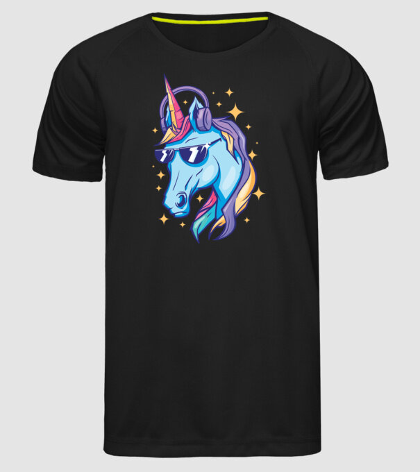 Unicorn strălucitor cu căști model negru pe tricou