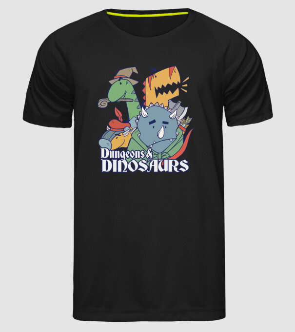 Dungeons and Dinosaurs model negru pe tricou