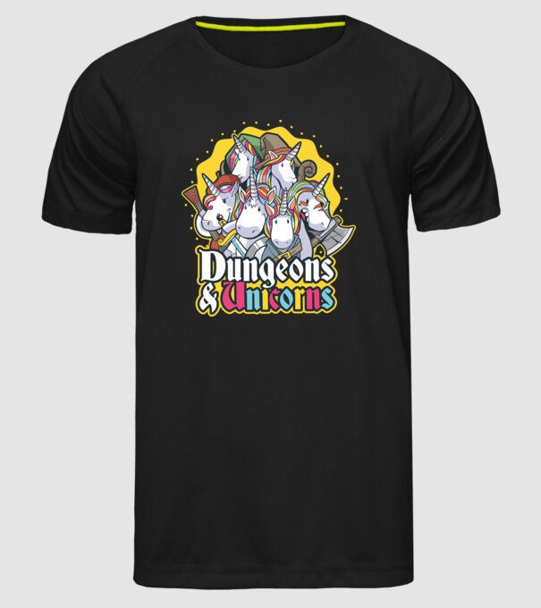 Dungeons and Unicorns model negru pe tricou