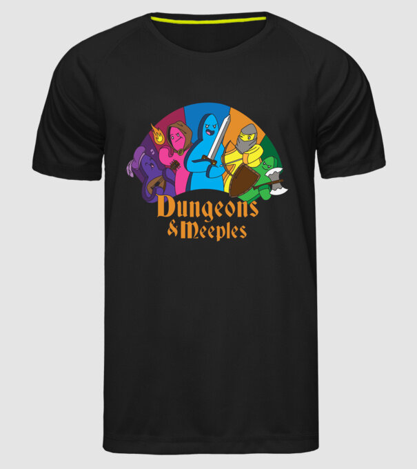 Dungeons Meeples model negru pe tricou