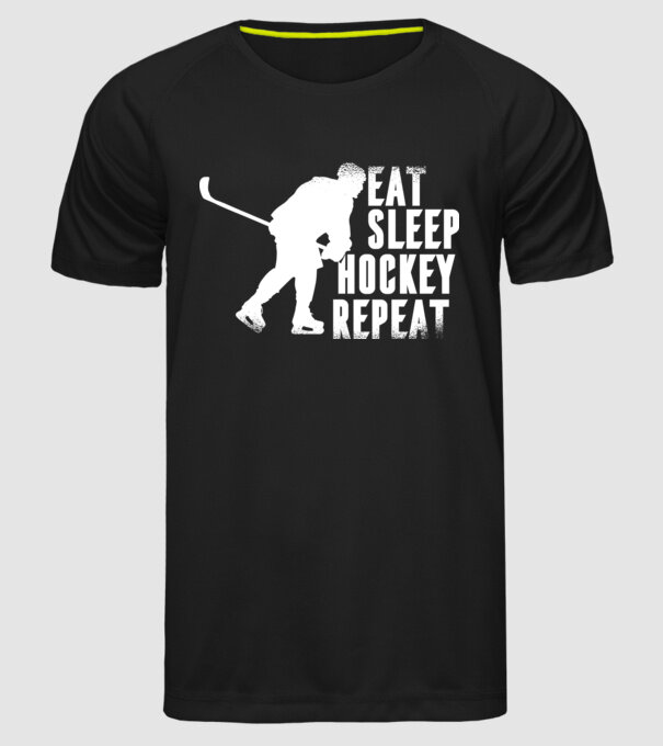 Eat Sleep Hockey Repeat model negru pe tricou