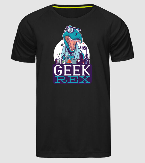 Geek Rex dinozaur tricou model negru pe tricou
