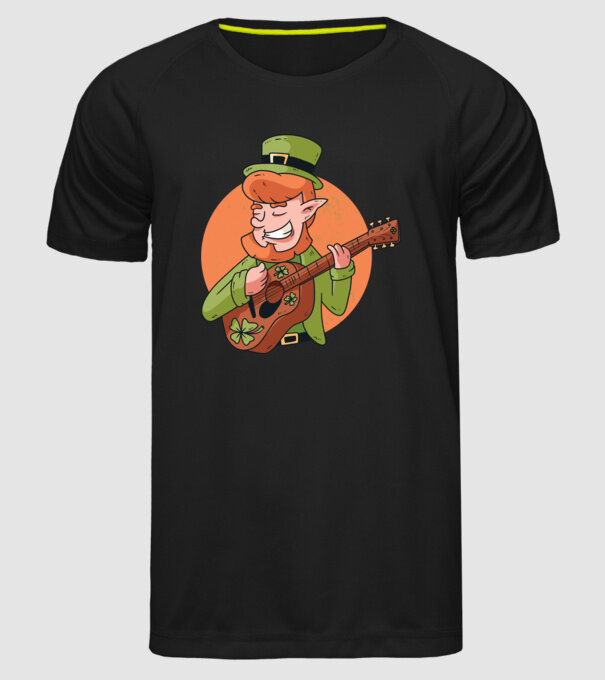 Chitarist Leprechaun irlandez St Patrick model negru pe tricou