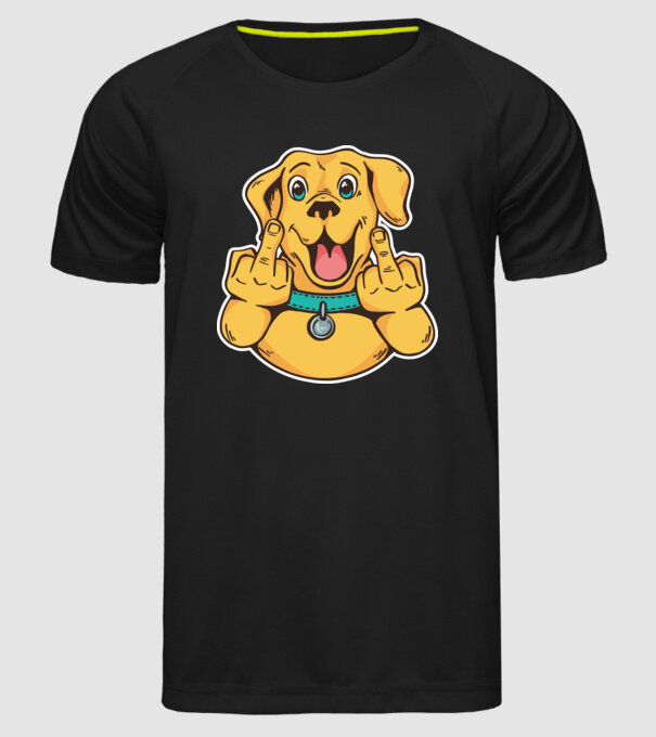 Golden Retriever arată degetul model negru pe tricou