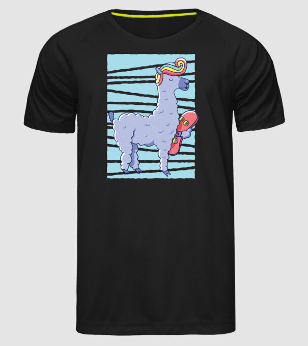 Lama Skateboarder model negru pe tricou