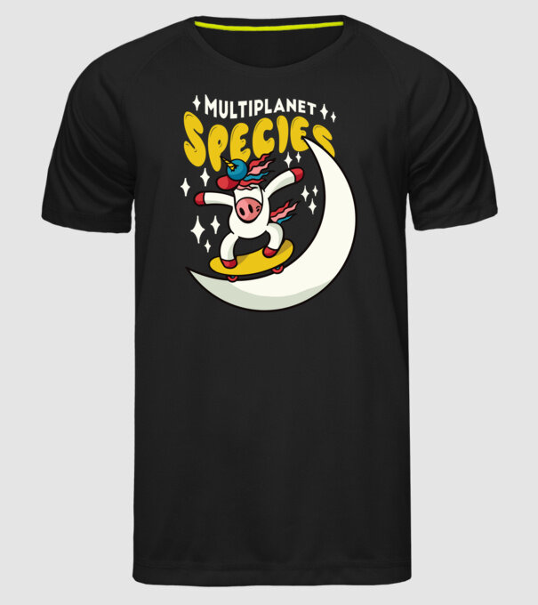 Skateboarding unicorn model negru pe tricou
