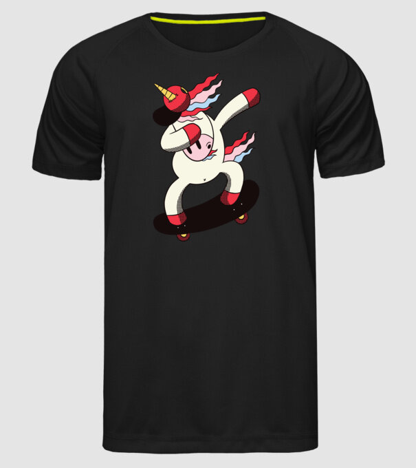 Skateboarder Unicorn DAB model negru pe tricou