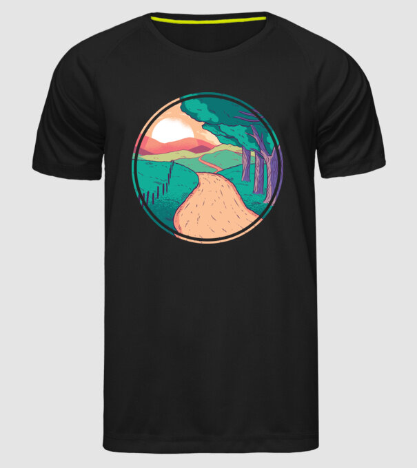 Drum spre casă la apus de soare model negru pe tricou
