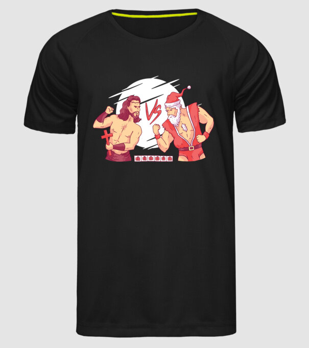 Isus vs Moș Crăciun Street Fighter tricou amuzant Crăciun model negru pe tricou