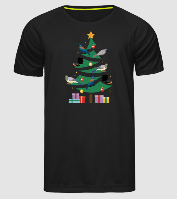 Pom de Crăciun cu păsări model negru pe tricou