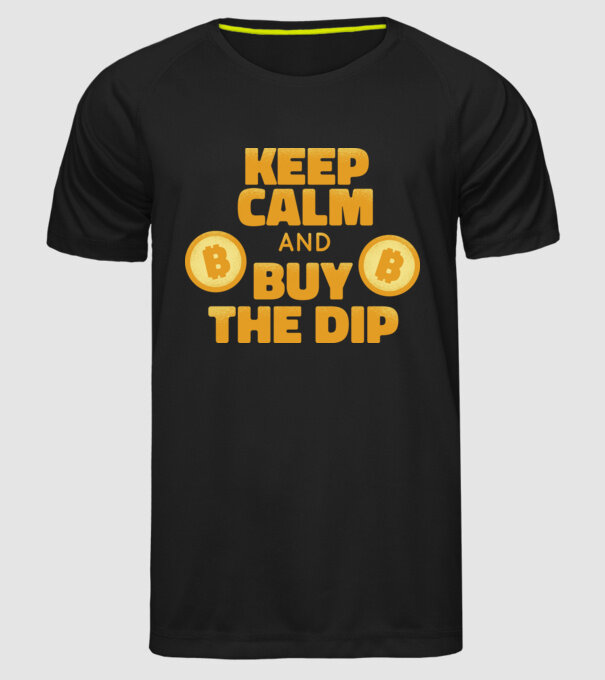 Keep calm and buy the dip Bitcoin model negru pe tricou