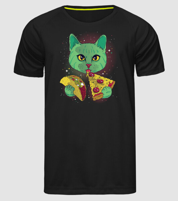 Pisică Cosmică Pizza și Taco model negru pe tricou