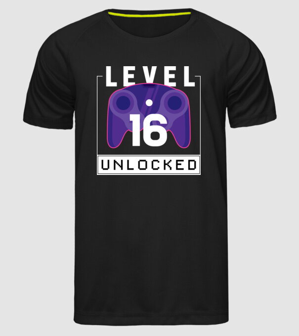 Level 16 Unlocked Gamer Birthday model negru pe tricou