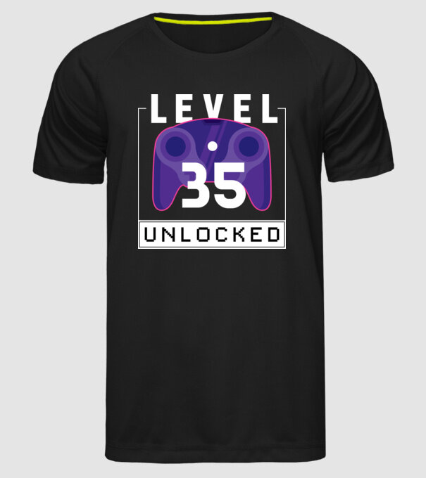 Level 35 Unlocked Gamer Birthday model negru pe tricou