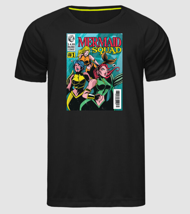 benzi desenate Mermaid Squad model negru pe tricou