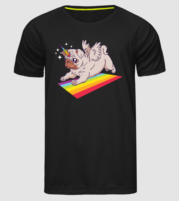 Mops unicorn model negru pe tricou
