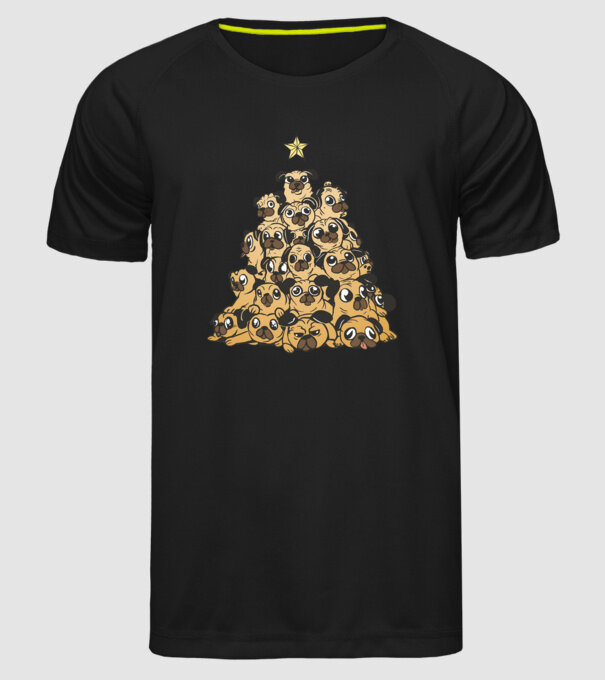 pom de Crăciun cu cățel (mops) model negru pe tricou