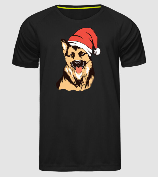 Ciobănesc german în căciulă de Moș Crăciun model negru pe tricou
