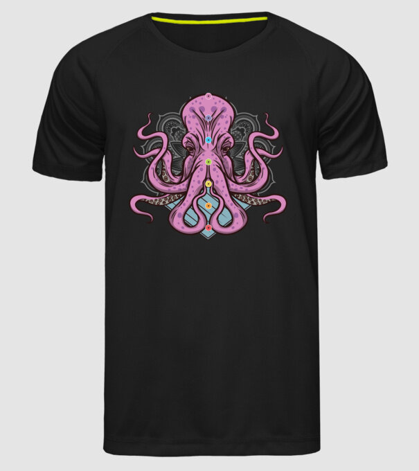Yoga Octopus model negru pe tricou