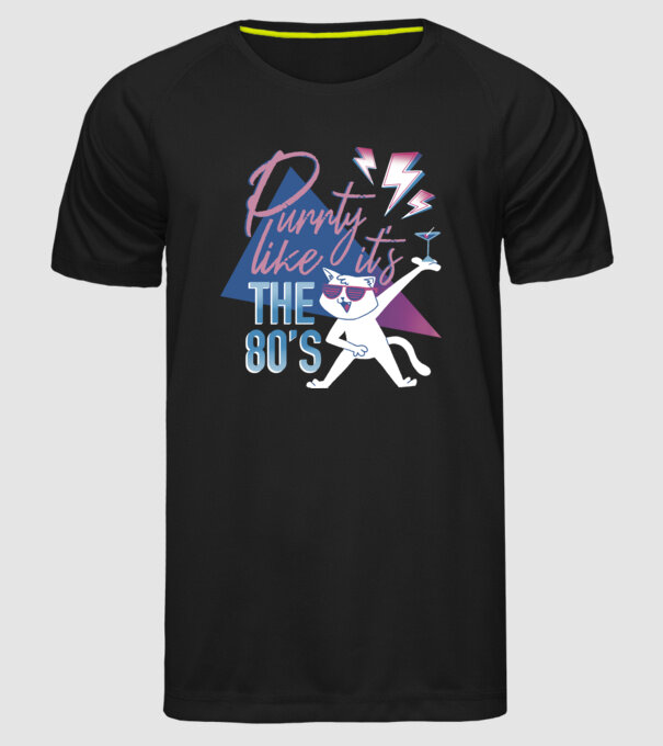 'Purrty Like it''s the 80''s' model negru pe tricou