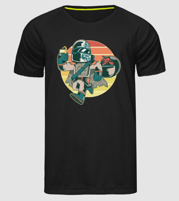 Războinic Mandalorian Retro model negru pe tricou