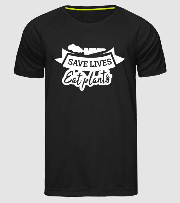 Save lives eat plants model negru pe tricou