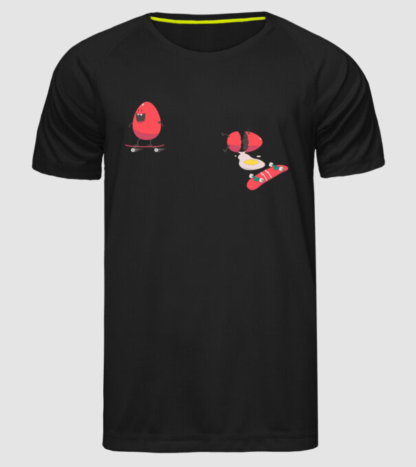Skateboard Eggs model negru pe tricou