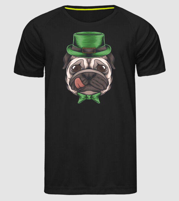 Mops Sfântul Patrick model negru pe tricou