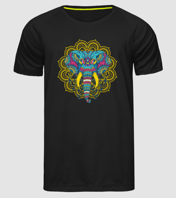 Elefant Mandala Colorat model negru pe tricou