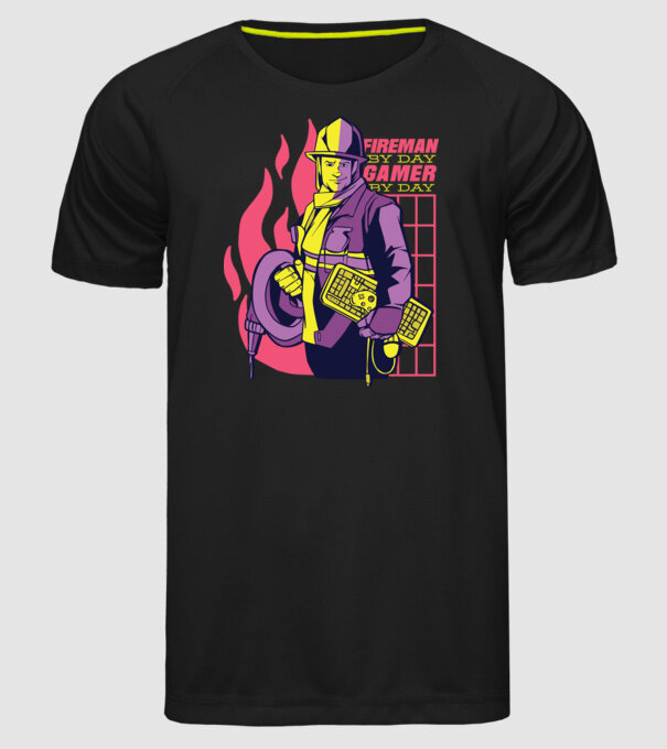 Pompier ziua, Gamer noaptea model negru pe tricou