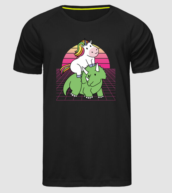 Unicorn pe dinozaur retro model negru pe tricou