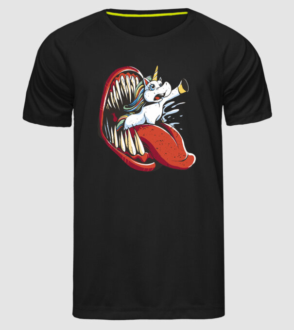 În gura monstrului Unicorn model negru pe tricou