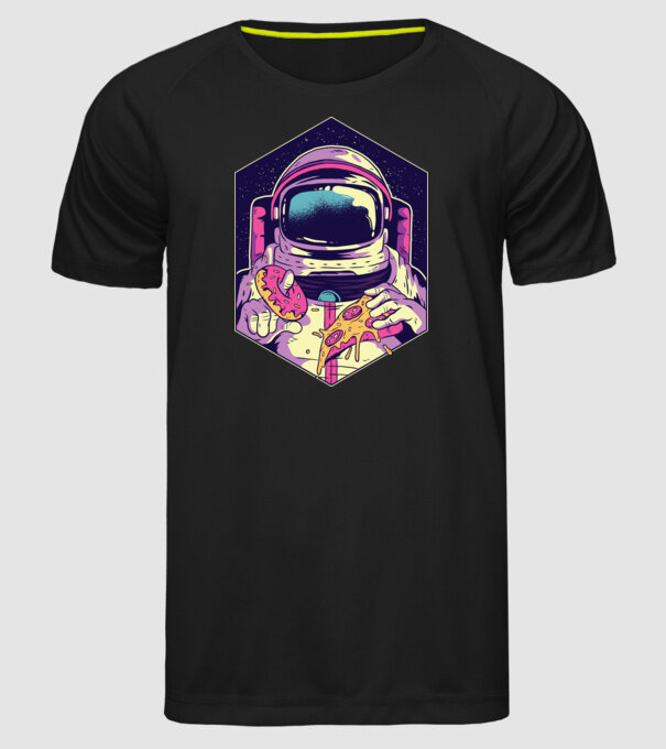 Astronaut Gogoașă și Pizza model negru pe tricou